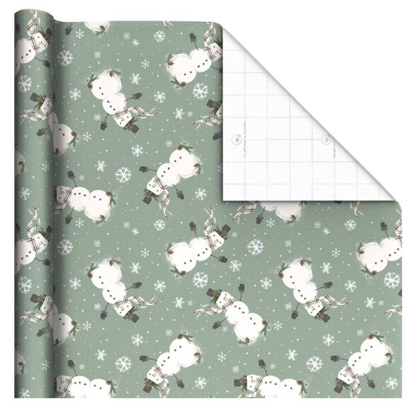 Hallmark Wrapping Paper Christmas Snowman Snowflakes on Sage 22.5 sq ft Roll - Picture 2 of 4